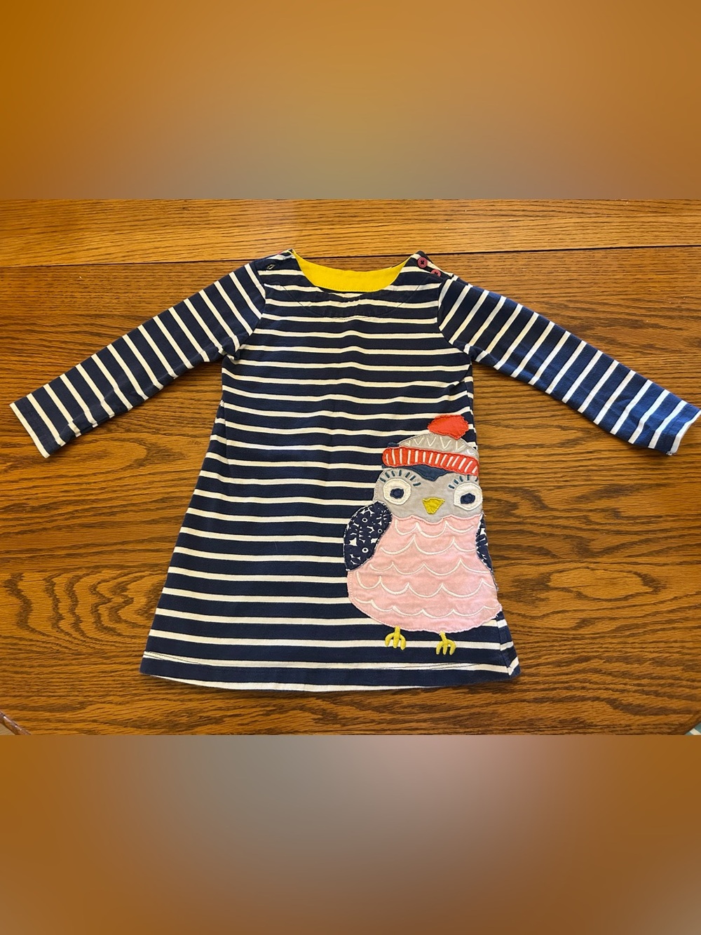 Mini Boden Navy & White Striped Dress with Owl appliqué and Yellow Trim
